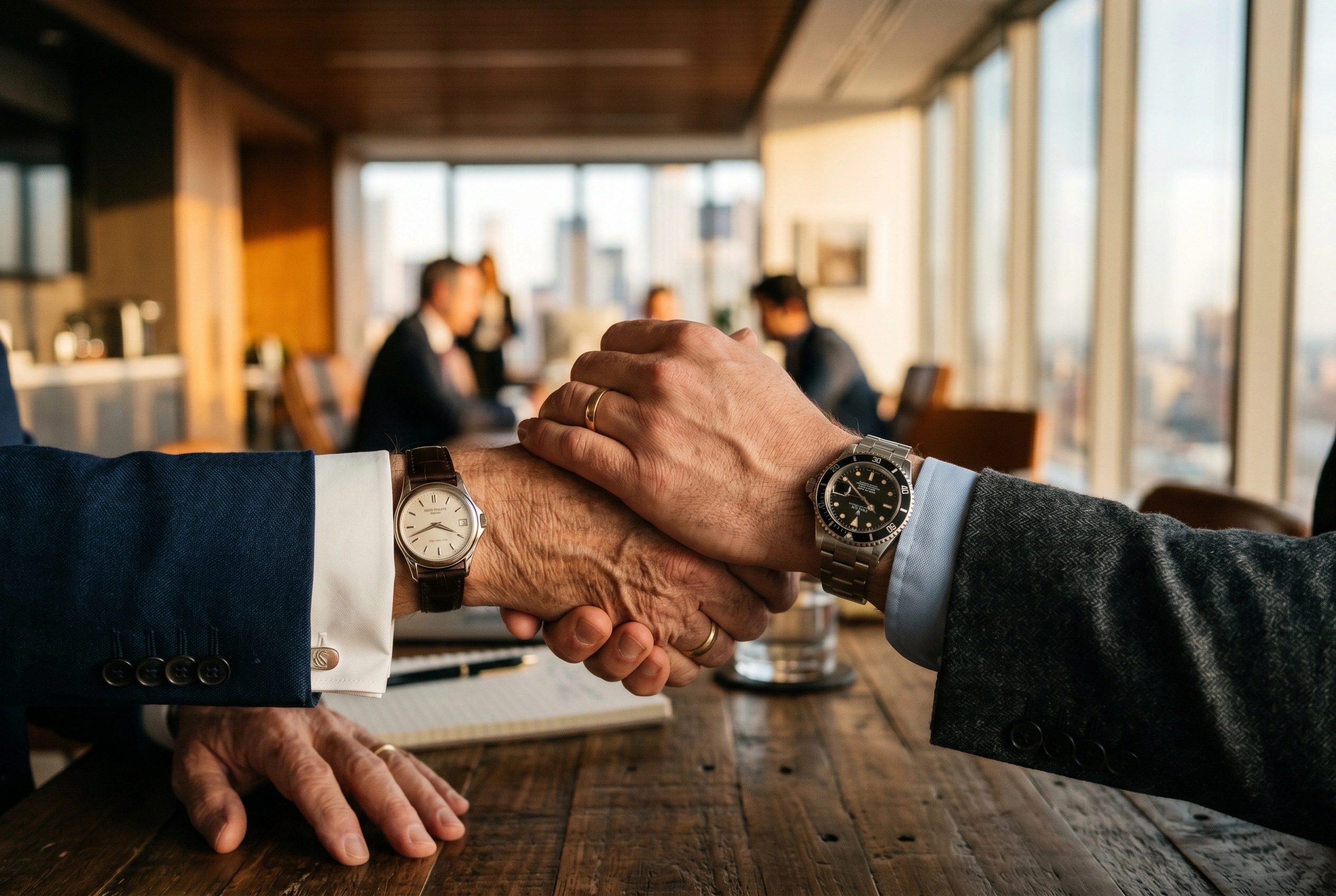 Two professionals shaking hands across a wooden desk, warm natural light from tall office windows