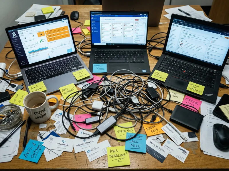 Chaotic desk with multiple vendor laptops and tangled cables