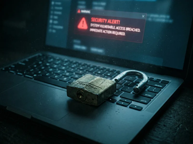 Unlocked padlock on laptop keyboard with security alert