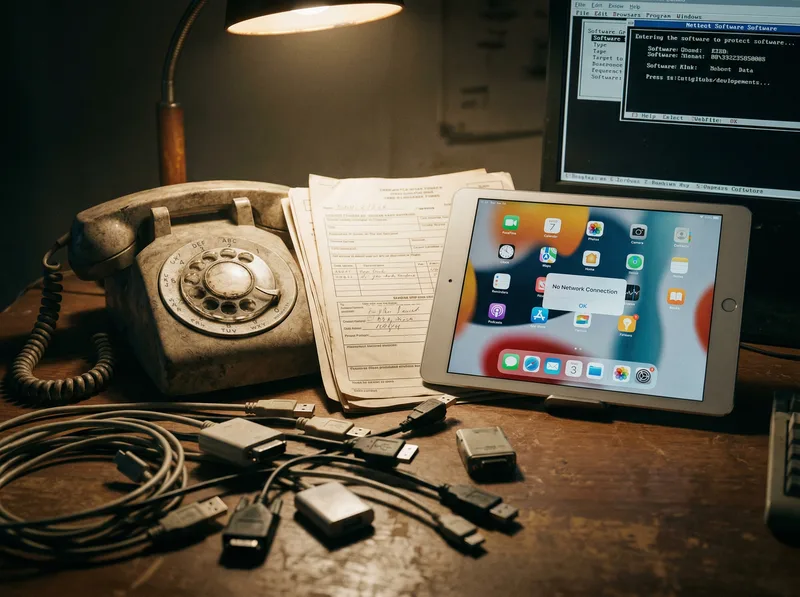 Old phone, tablet, and monitor showing incompatible systems