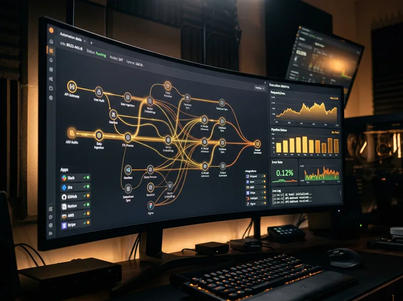 Automation dashboard with connected workflow nodes
