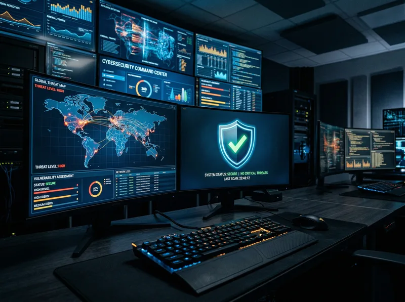 Cybersecurity command center with threat monitoring dashboards