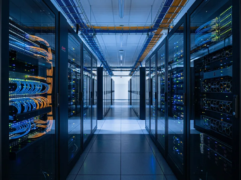 Modern server room with organized racks and blue lighting