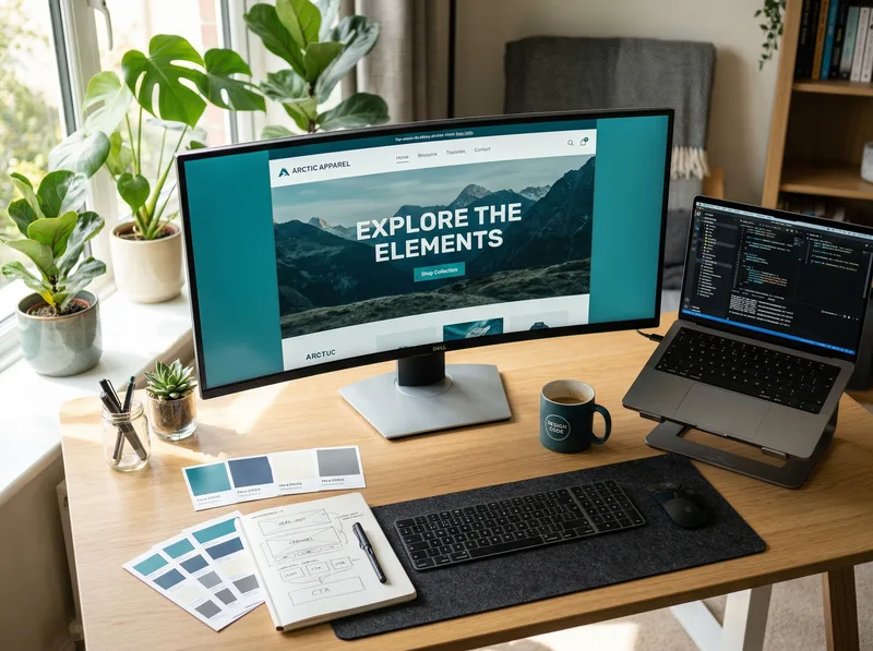 Modern web design workspace with ultrawide monitor